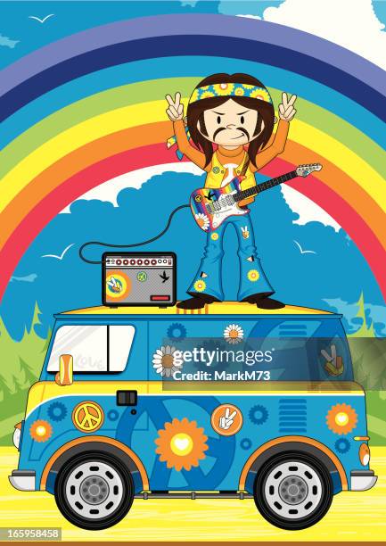 hippie guitarist on camper van scene - mock turtleneck for men stock illustrations