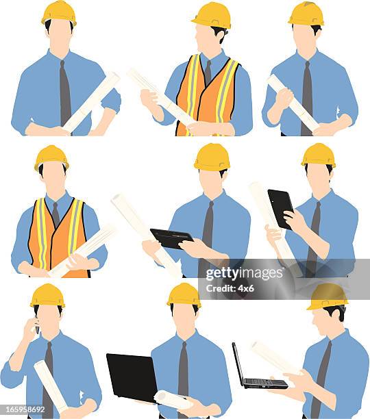 ilustraciones, imágenes clip art, dibujos animados e iconos de stock de trabajador de la construcción con ordenador portátil y blueprint - casco duro