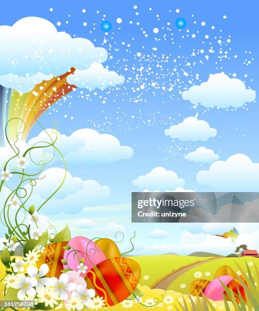 easter eggs with spring background - distant trees stock illustrations