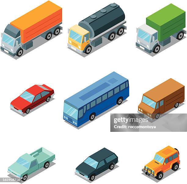 illustrazioni stock, clip art, cartoni animati e icone di tendenza di isometrica, veicoli - bus isometric
