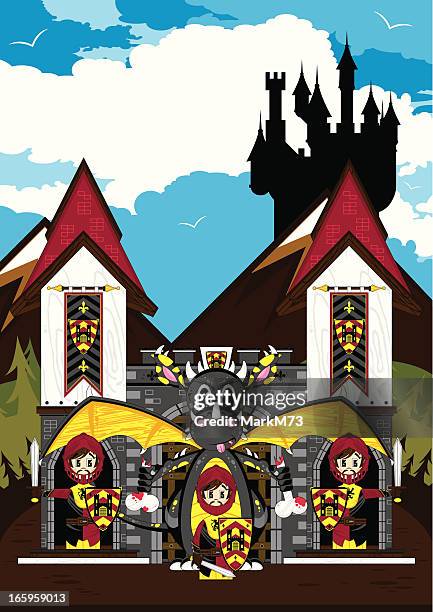 medieval knights & dragon castle scene - medieval vector knights dragons stock illustrations