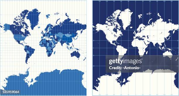 illustrazioni stock, clip art, cartoni animati e icone di tendenza di mappa del mondo con reticoli (proiezione di mercatore) - longitudine