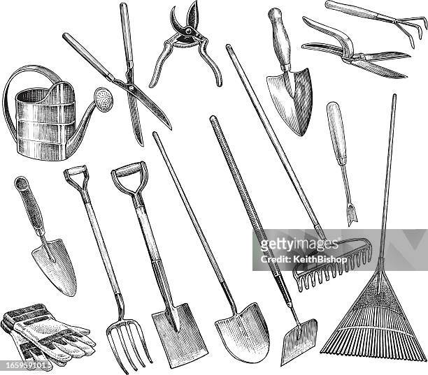stockillustraties, clipart, cartoons en iconen met garden tools - spade, hoe, shovel, trowel - hooivork