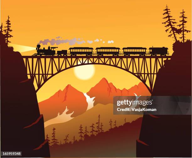 old fashioned steam train crossing the mountain bridge - locomotive illustration stock illustrations