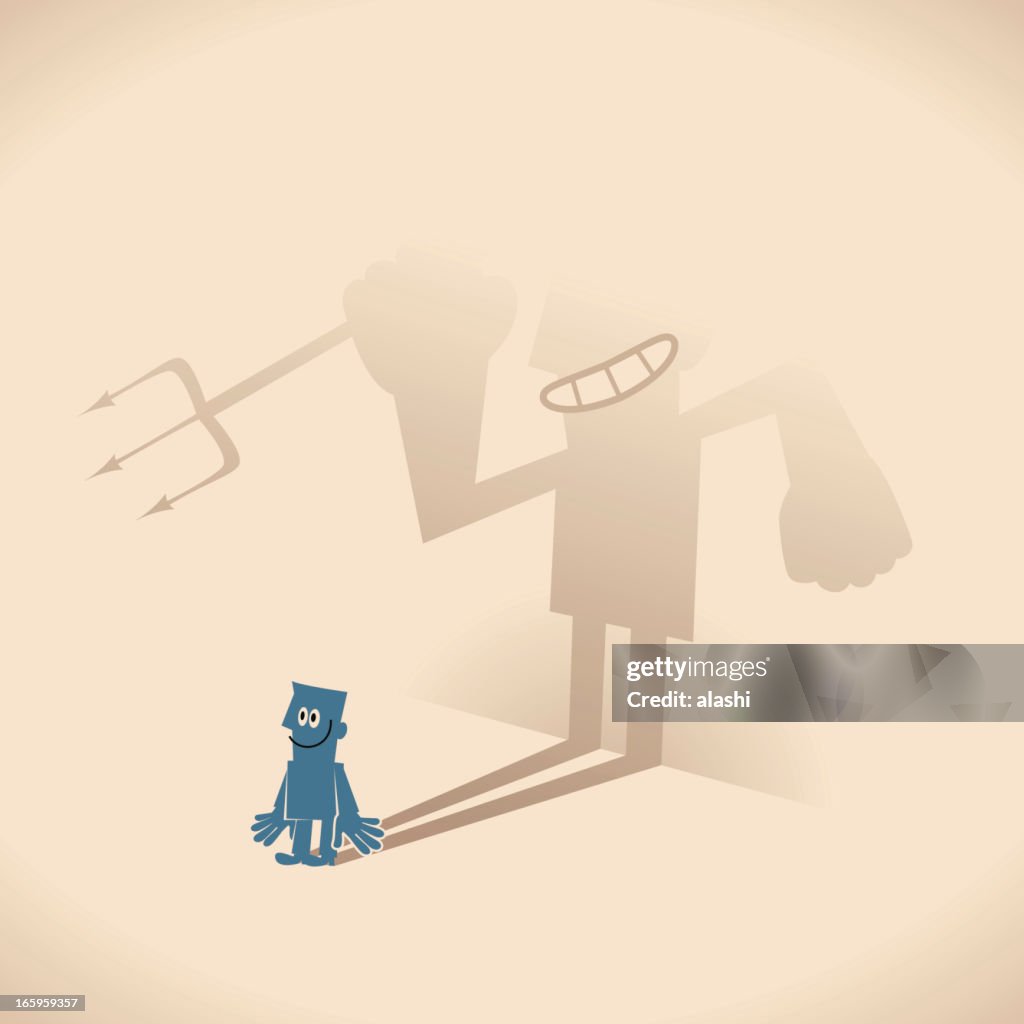 Smiling blue guy businessman and weird devil shaped shadow