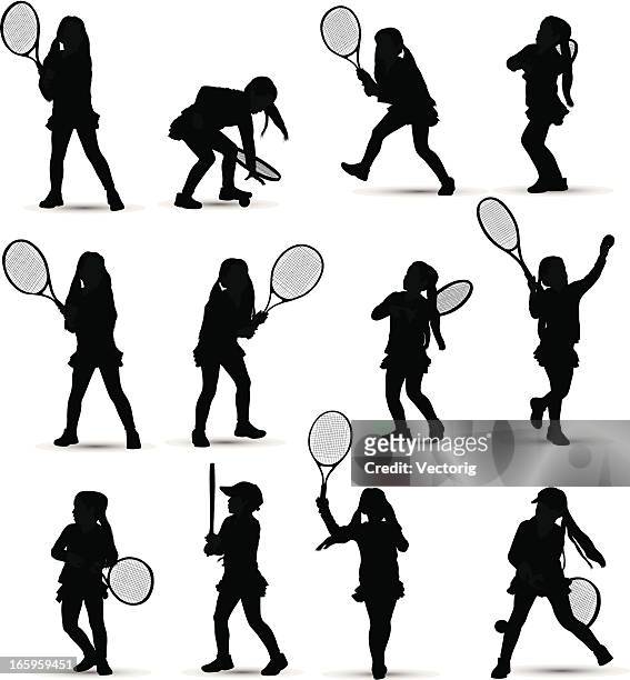 ilustraciones, imágenes clip art, dibujos animados e iconos de stock de niña jugando al tenis - deporte tradicional