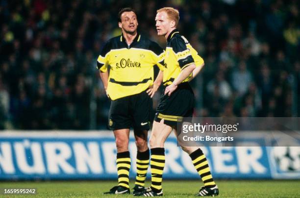 German footballer Jurgen Kohler and his Borussia Dortmund teammate, German footballer Matthias Sammer, during the DFB-Pokal Second Round match,...