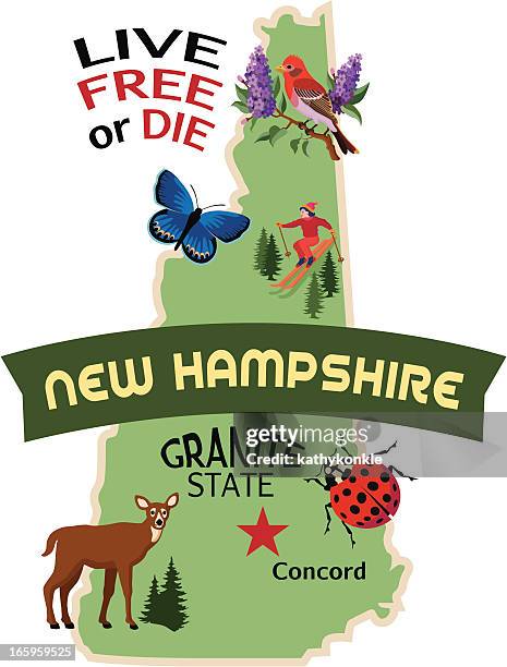 ilustrações, clipart, desenhos animados e ícones de new hampshire mapa com ilustrações - new hampshire