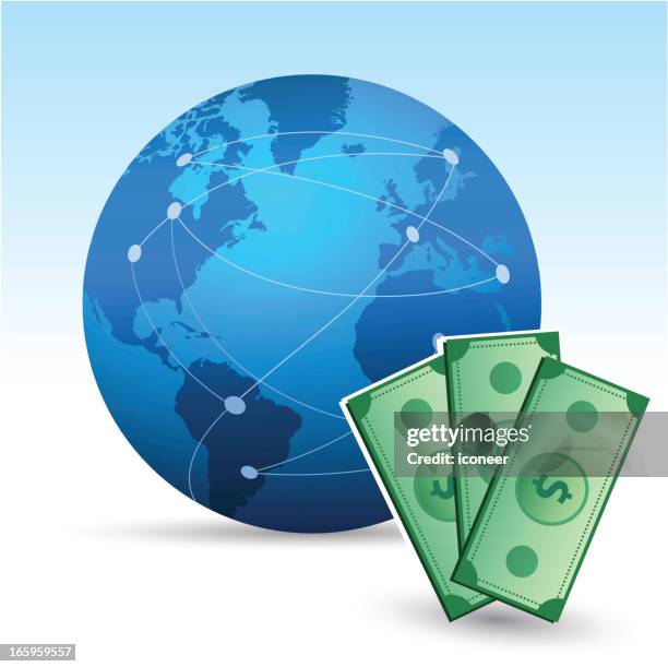 globe and dollar bills - wire transfer stock illustrations