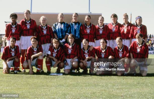 The England footballers pose for a team portrait ahead of the 1999 FIFA Women's World Cup qualification , Group 3 match, between Germany and England,...
