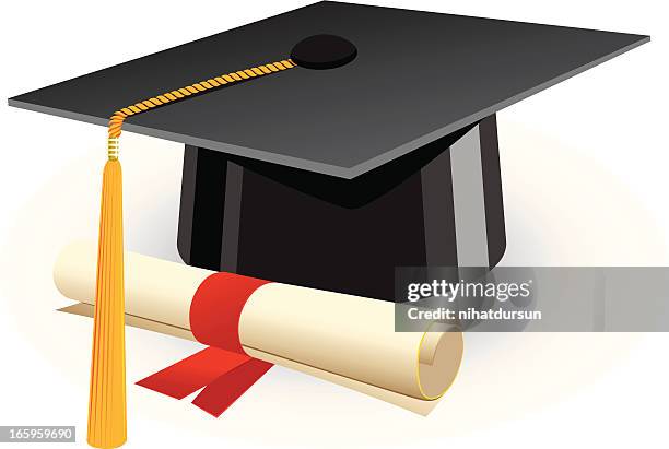 cartoon graduation cap and diploma with red ribbon - fringing stock illustrations