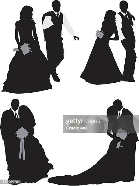 multiple images of a newlywed couple - black and white wedding clip art stock illustrations