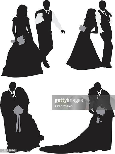 multiple images of a newlywed couple - man proposing indoor stock illustrations