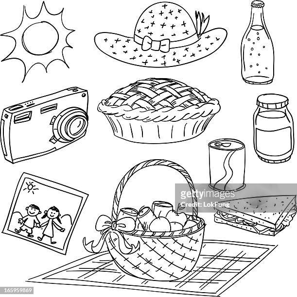 picnic elements illustration in black and white - picnic basket stock illustrations
