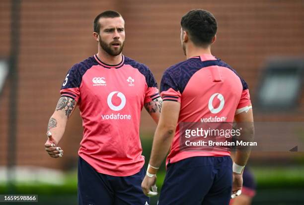 Indre-et-Loire , France - 12 September 2023; Mack Hansen speaks to Jimmy O'Brien during an Ireland rugby squad training session at Complexe de la...