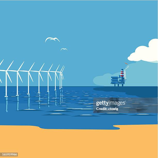 ilustraciones, imágenes clip art, dibujos animados e iconos de stock de wind farm vs. plataforma petrolífera - aerogenerador