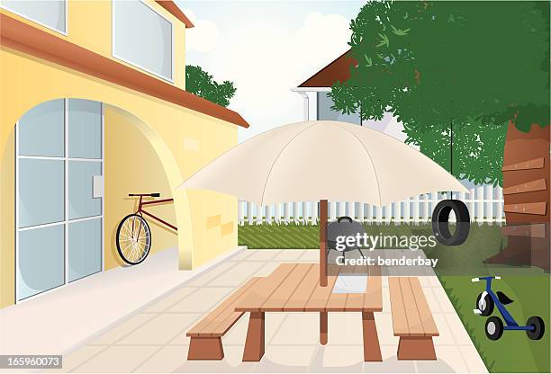 backyard. - wooden bench stock illustrations