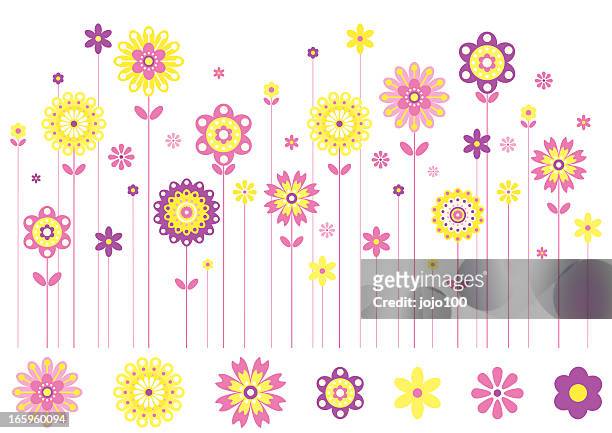 row of spring flowers in bright colours. - beige flowers stock illustrations