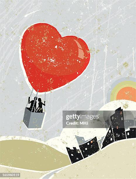 mann und frau mit fliegenden herzförmige hot air balloon - setting stock-grafiken, -clipart, -cartoons und -symbole
