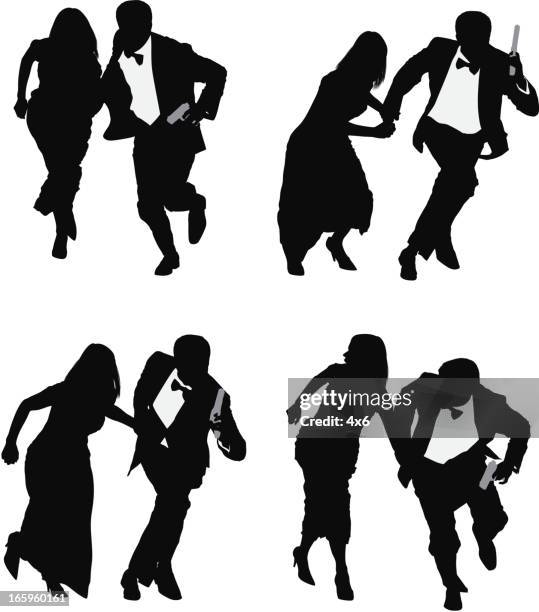 silhouette of a couple running - female portrait studio stock illustrations