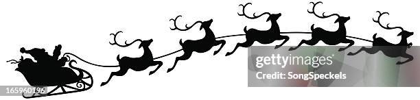 santa and sleigh with flying reindeer - reindeer stock illustrations