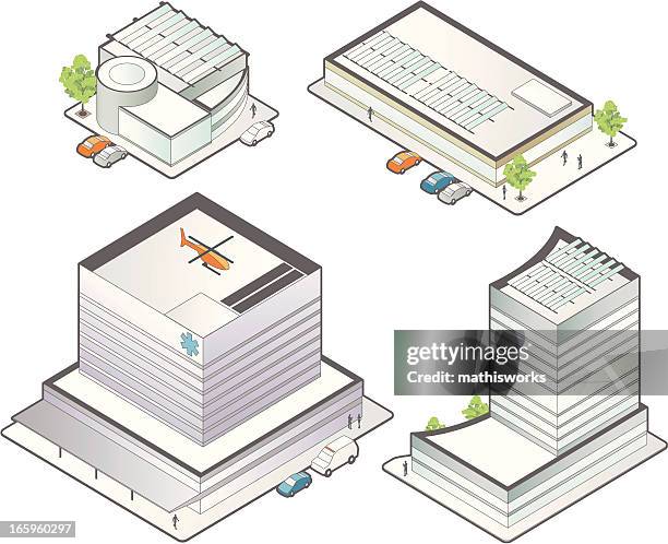 isometric medizinische gebäude - dreiviertelansicht stock-grafiken, -clipart, -cartoons und -symbole