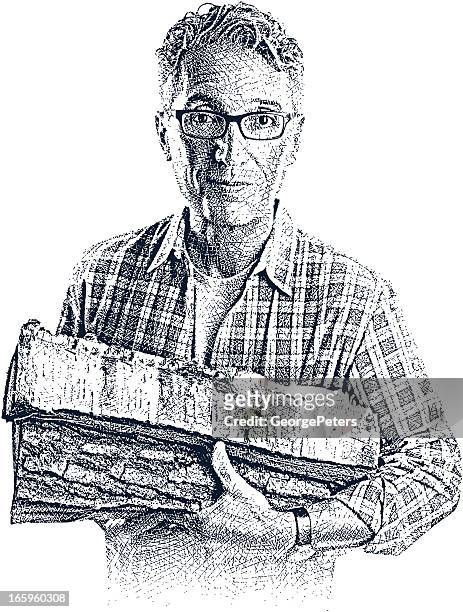 casual man carrying firewood - thick rimmed spectacles stock illustrations