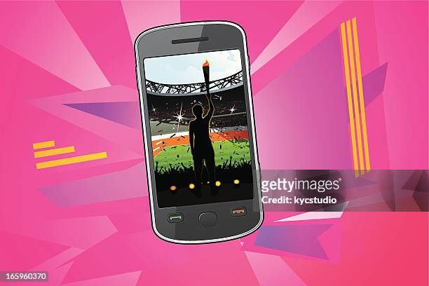 smartphone with . games opening ceremony - olympic stadium stock illustrations