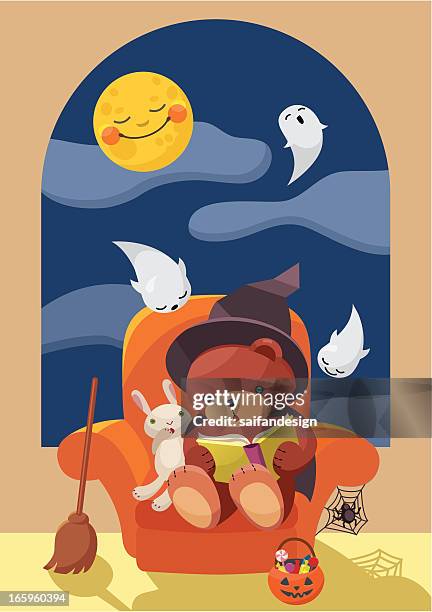 ilustraciones, imágenes clip art, dibujos animados e iconos de stock de osito de peluche serie: halloween pisos - leer