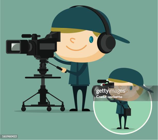 stockillustraties, clipart, cartoons en iconen met tv camera operator - studio shot