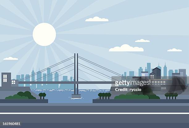 ilustraciones, imágenes clip art, dibujos animados e iconos de stock de puente de la luz de la ciudad, rascacielos, al mar - bridge