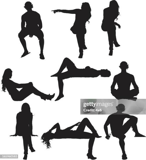 illustrazioni stock, clip art, cartoni animati e icone di tendenza di silhouette di persone in diverse pose - appoggiarsi