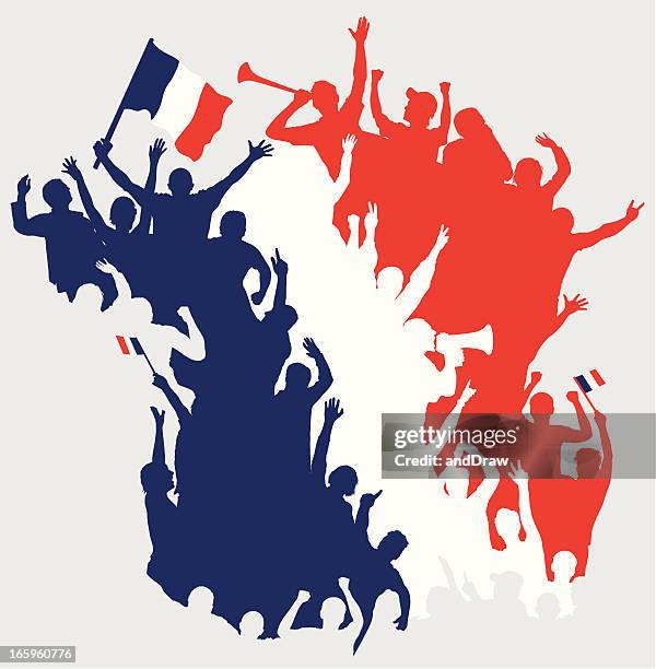 stockillustraties, clipart, cartoons en iconen met happy french fans in shape of france map. - sports team