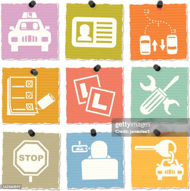 driving school icons - driving lessons l plate stock illustrations