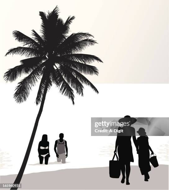 beach fashion vector silhouette - couple swimming lake stock illustrations