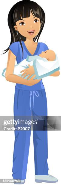 nurse holding a baby - obstetrician stock illustrations