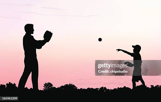father and son play catch - family park stock illustrations