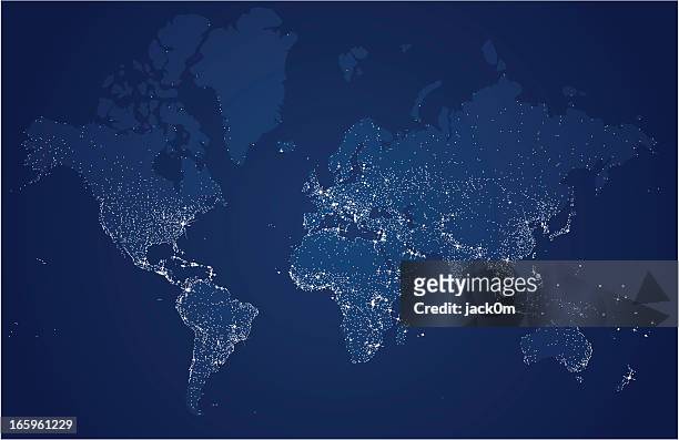 starry world, earth's city lights map - world map stock illustrations