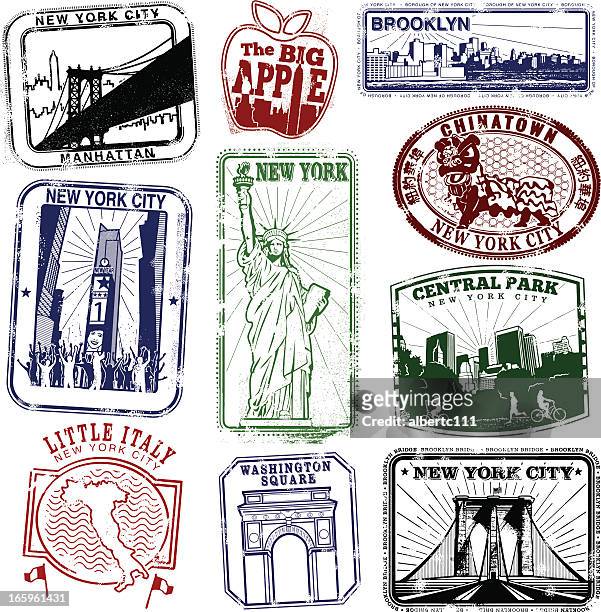 ilustraciones, imágenes clip art, dibujos animados e iconos de stock de super retro sellos de nueva york - brooklyn bridge