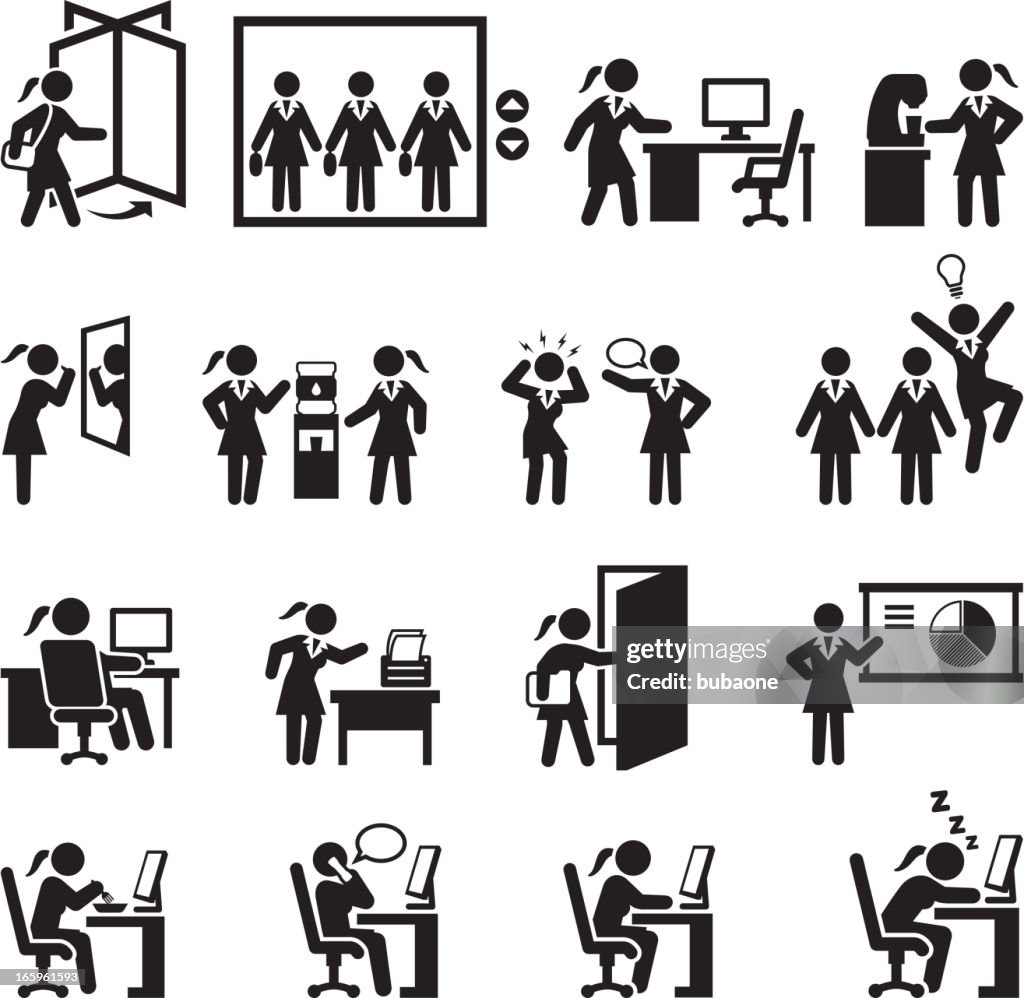 Empresária diário de trabalho de escritório em preto e branco, vector Conjunto de ícones