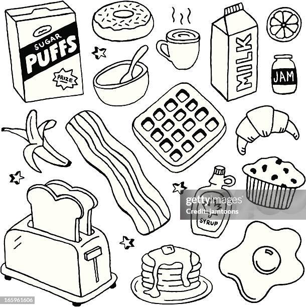 ilustraciones, imágenes clip art, dibujos animados e iconos de stock de desayuno y garabatos - cereal de desayuno