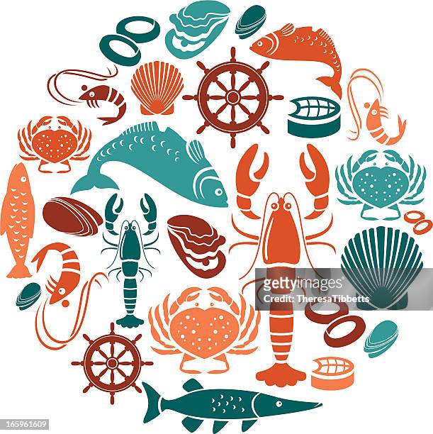 ilustrações, clipart, desenhos animados e ícones de conjunto de ícones de frutos do mar e peixes - gamba – marisco