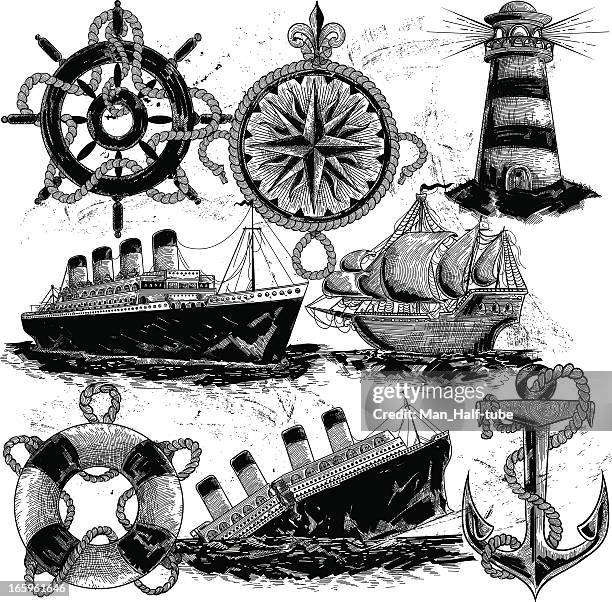 ilustraciones, imágenes clip art, dibujos animados e iconos de stock de elementos de náutica - titanic