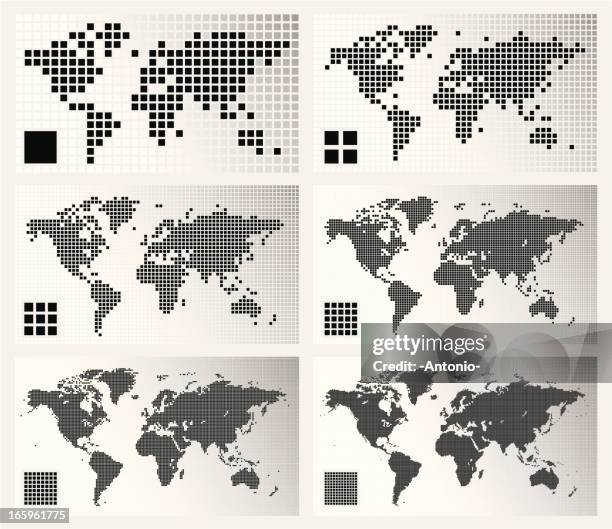 bildbanksillustrationer, clip art samt tecknat material och ikoner med dotted world maps in different resolutions - square