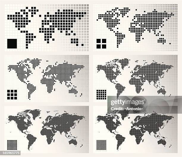 dotted world maps in different resolutions - global network map stock illustrations
