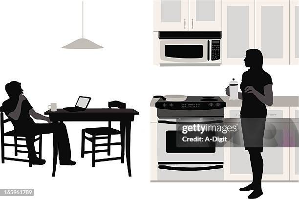 home cafe vector silhouette - couple using computer stock illustrations