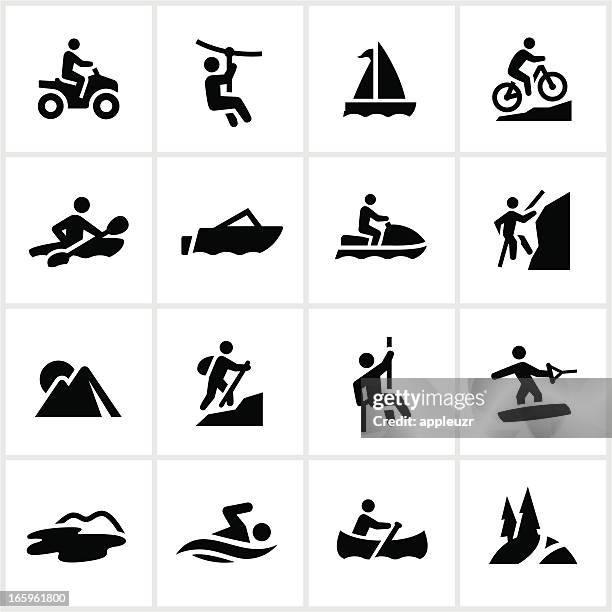 schwarze sommer-abenteuer icons - hobbies stock-grafiken, -clipart, -cartoons und -symbole