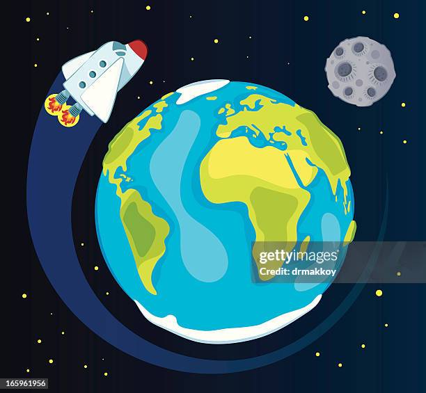 ilustraciones, imágenes clip art, dibujos animados e iconos de stock de earth y espacio de envío - space shuttle