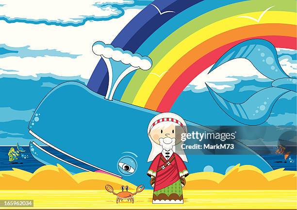 cute jonah and the whale bible scene - blue whale stock illustrations