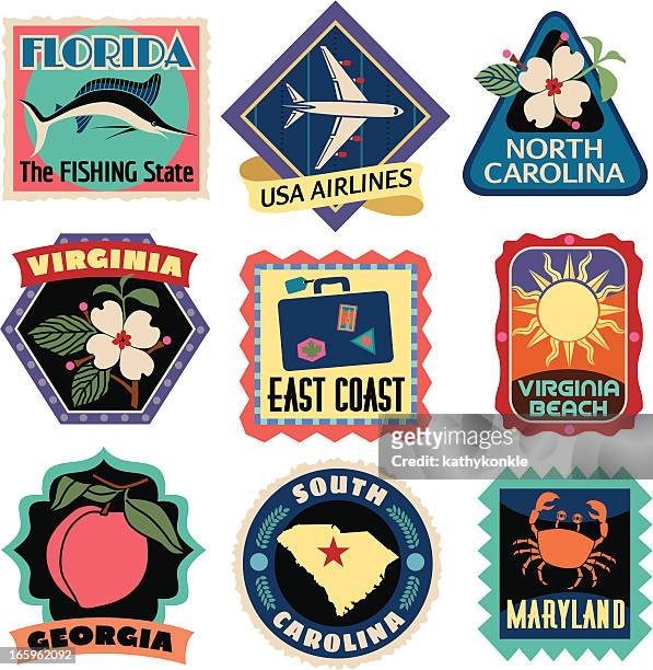 travel stickers east coast usa - gulf coast states stock illustrations